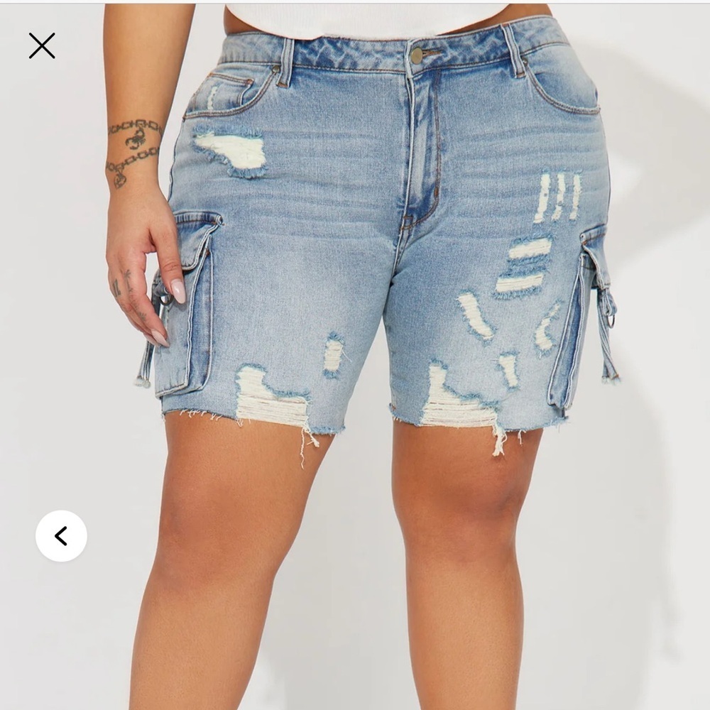 Fashion Nova Blue Cargo Shorts Distressed Design